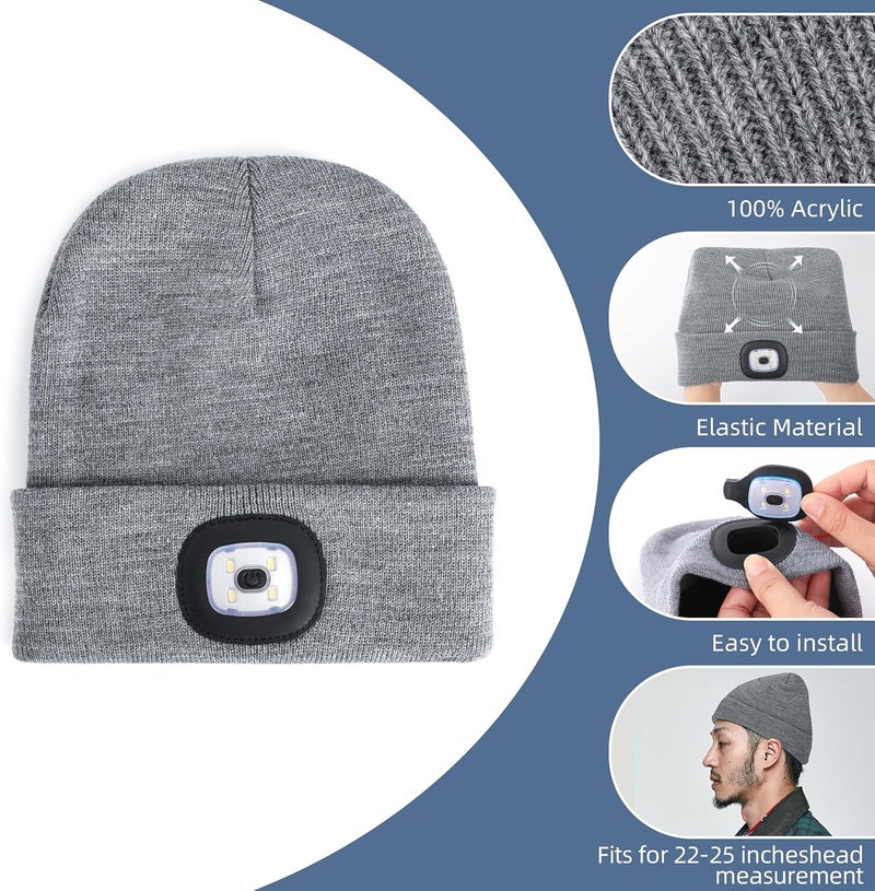 YMHB Unisex Beanie Hat with Light, USB Rechargeable LED Headlamp Hat Night Light Cap Christmas Stocking Stuffers Gifts for Men Dad Father Husband (Grey) - Image 3